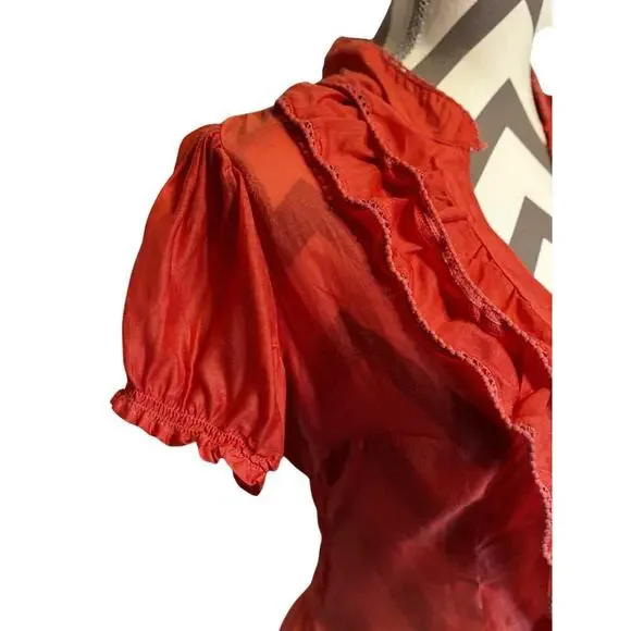 Cotton Express Ruffle Vneck Red Top Silk Blend Puff Sleeve Fitted Waist Sheer M - Picture 2 of 6